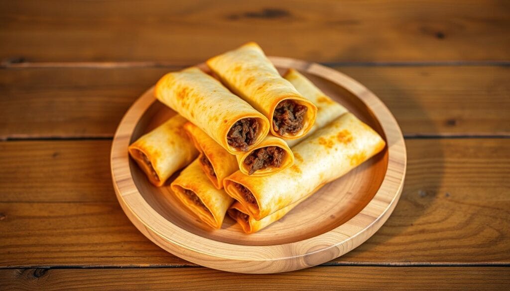 Golden beef taquitos on a wooden plate Golden beef taquitos on a wooden plate