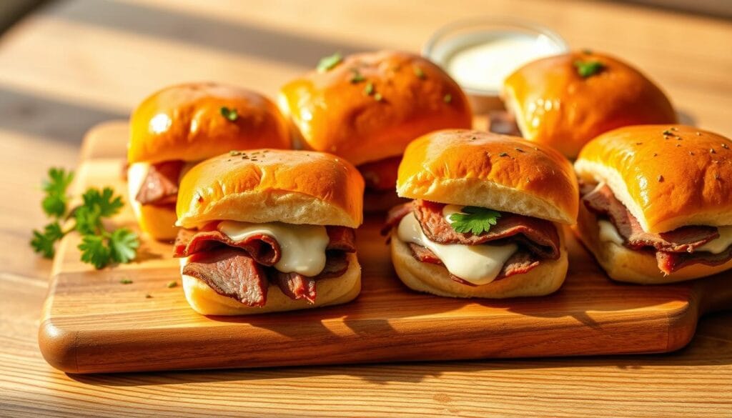 roast beef sliders on a wooden board roast beef sliders on a wooden board